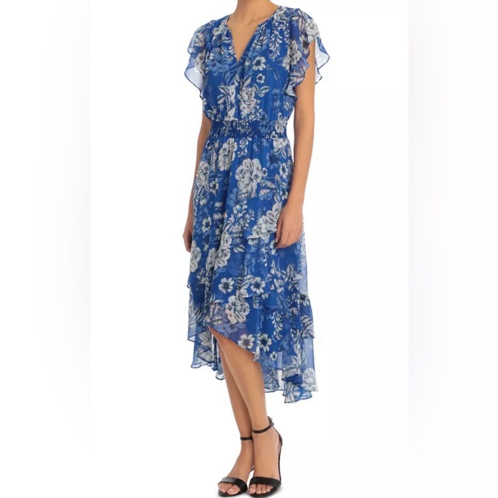 London Times Blue Floral Print Split Neck Ruffle Hem Lined Midi Dress. 6.